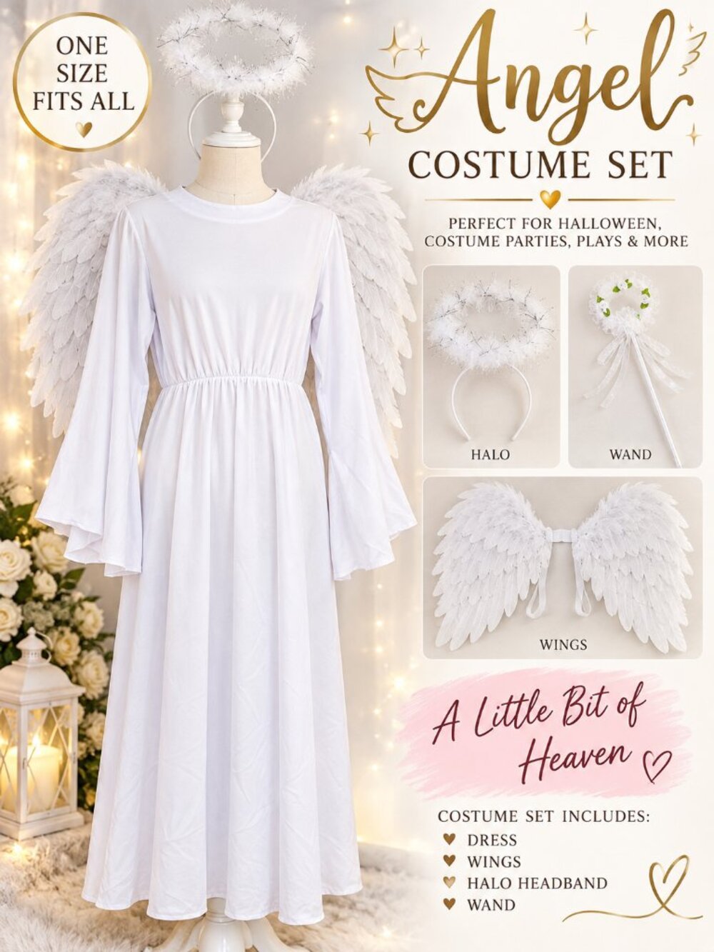 Girls Angel Halloween Costume White Dress Wings Halo Wand 4 Piece Set One Size